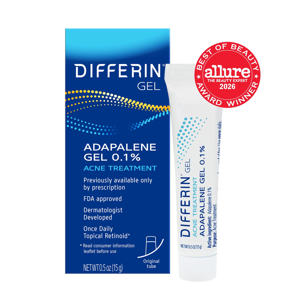 Differin Prescription-Strength Retinoid Acne Treatment Gel for Face with 0.1% Adapalene, Clears & Prevents Acne, Fragrance-Free, 15g Tube​
