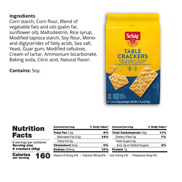 Schar Gluten Free Table Crackers, Paper Packet, 7.4 Ounce (1.2oz Packs per Case)