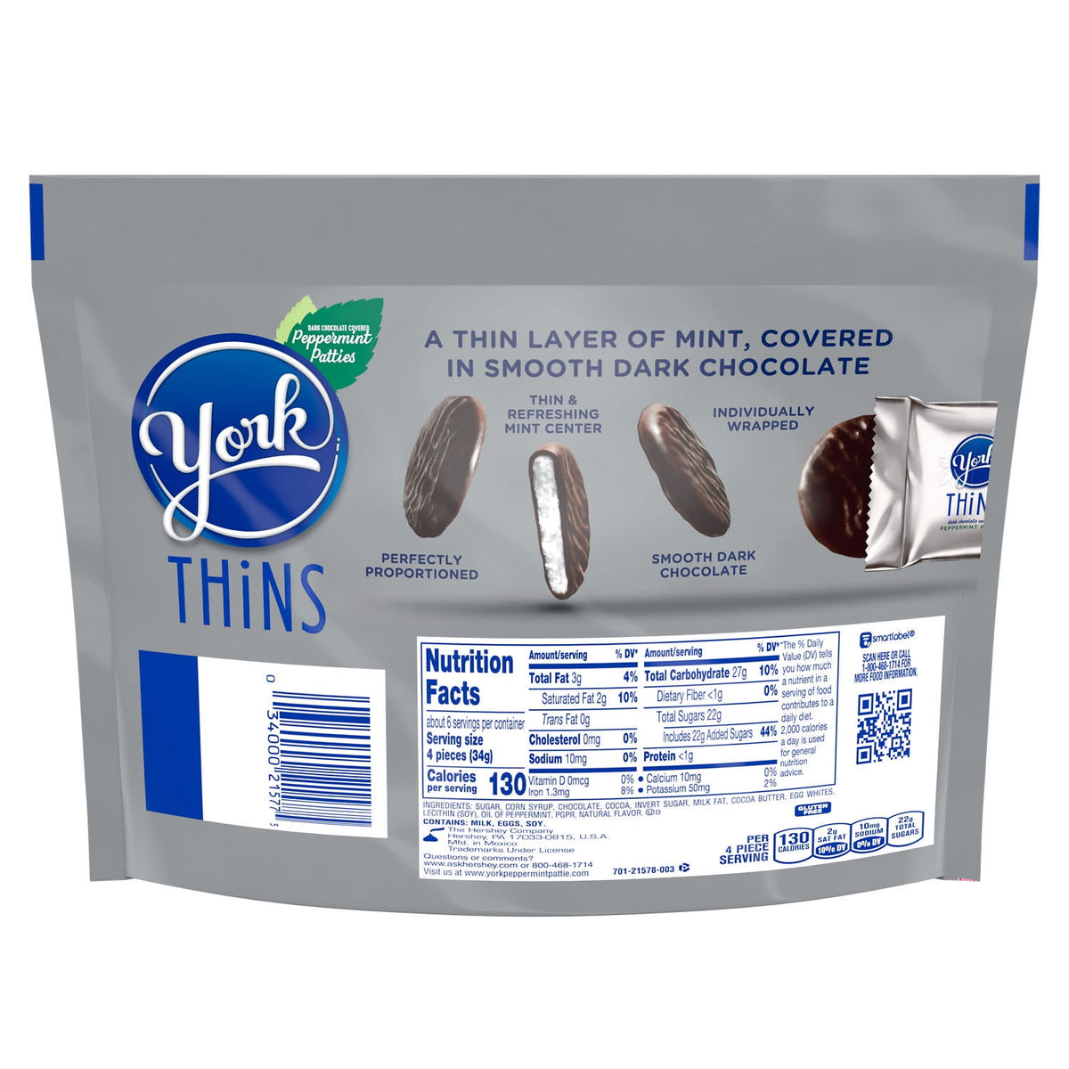 York Thins Dark Chocolate Peppermint Patties, Candy Share Pack, 7.2 oz