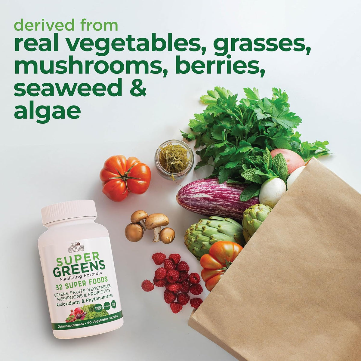 Country Farms Super Greens Vegicaps, 32 Super Foods, Whole Food Supplement, Greens, Fruit, Vegetables, Mushrooms & Probiotics, Rich in Antioxidants