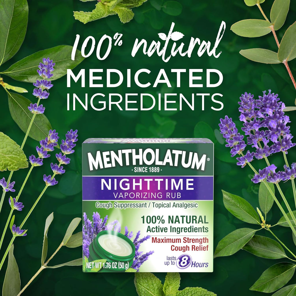 Mentholatum Nighttime Vaporizing Rub, Lavender Scent, Maximum Strength Cough Suppressant, Topical Chest Rub & Analgesic Ointment, Soothing Vapors
