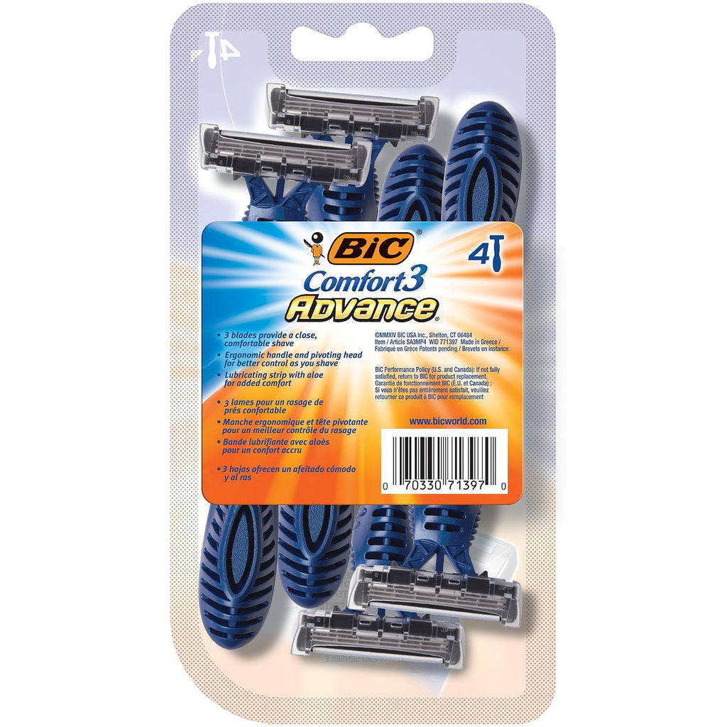 BIC Comfort 3 Advance Disposable Razors for Men, 4 Piece Razor Set