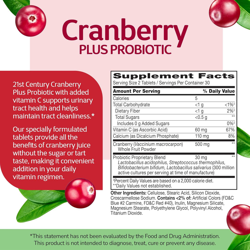 21st Century Cranberry Plus Probiotic Tablets, Urinary Support, 60ct