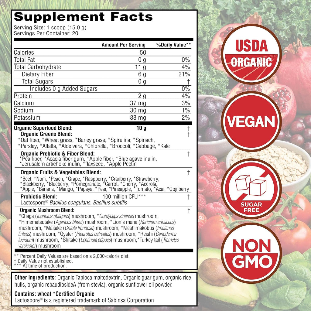 Country Farms Organic Super Greens Powder, Daily Greens Drink Mix with 50 Organic Superfoods, Fruits, Vegetables, Fiber, Mushrooms & Probiotics