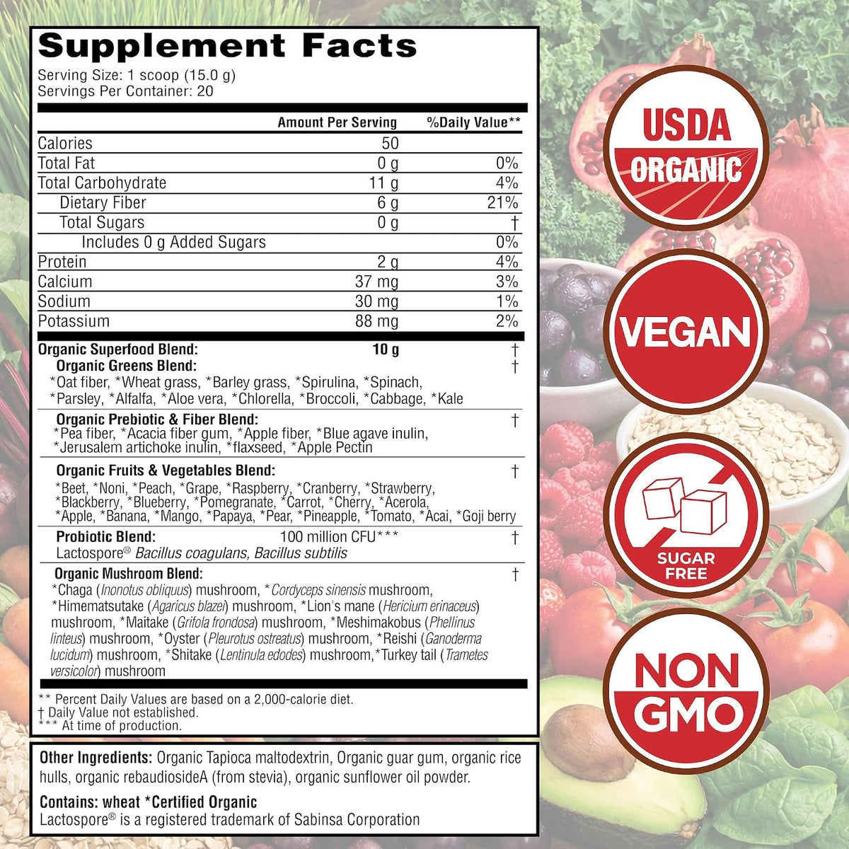 Country Farms Organic Super Greens Powder, Daily Greens Drink Mix with 50 Organic Superfoods, Fruits, Vegetables, Fiber, Mushrooms & Probiotics