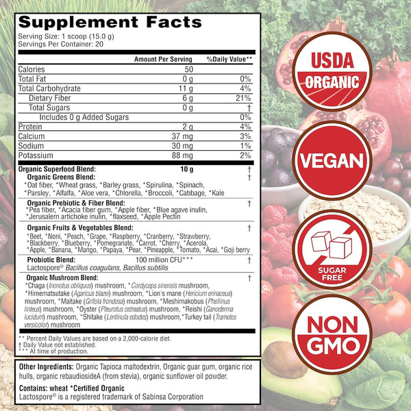 Country Farms Organic Super Greens Powder, Daily Greens Drink Mix with 50 Organic Superfoods, Fruits, Vegetables, Fiber, Mushrooms & Probiotics