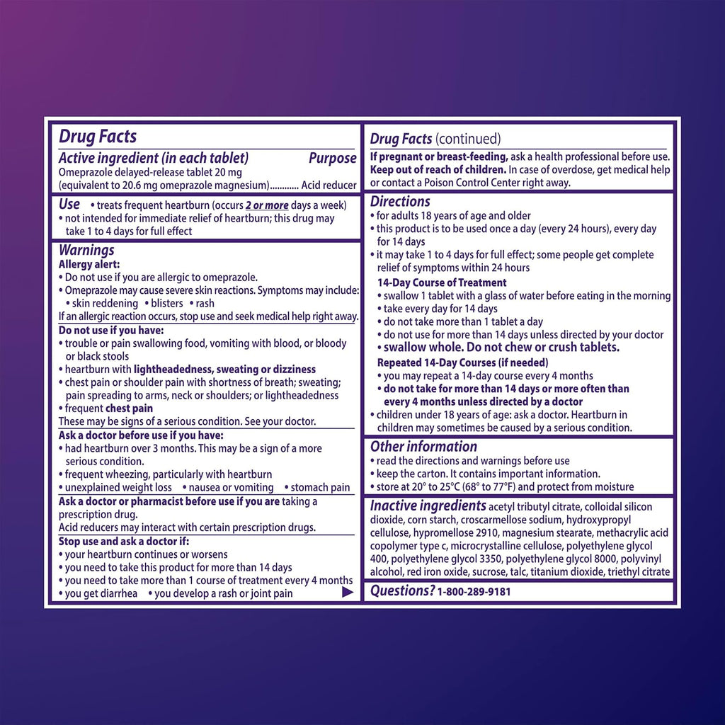 Prilosec OTC, Omeprazole Delayed Release 20mg, Acid Reducer, Treats Frequent Heartburn for 24 Hour Relief, All Day, All Night*, Heartburn Medicine