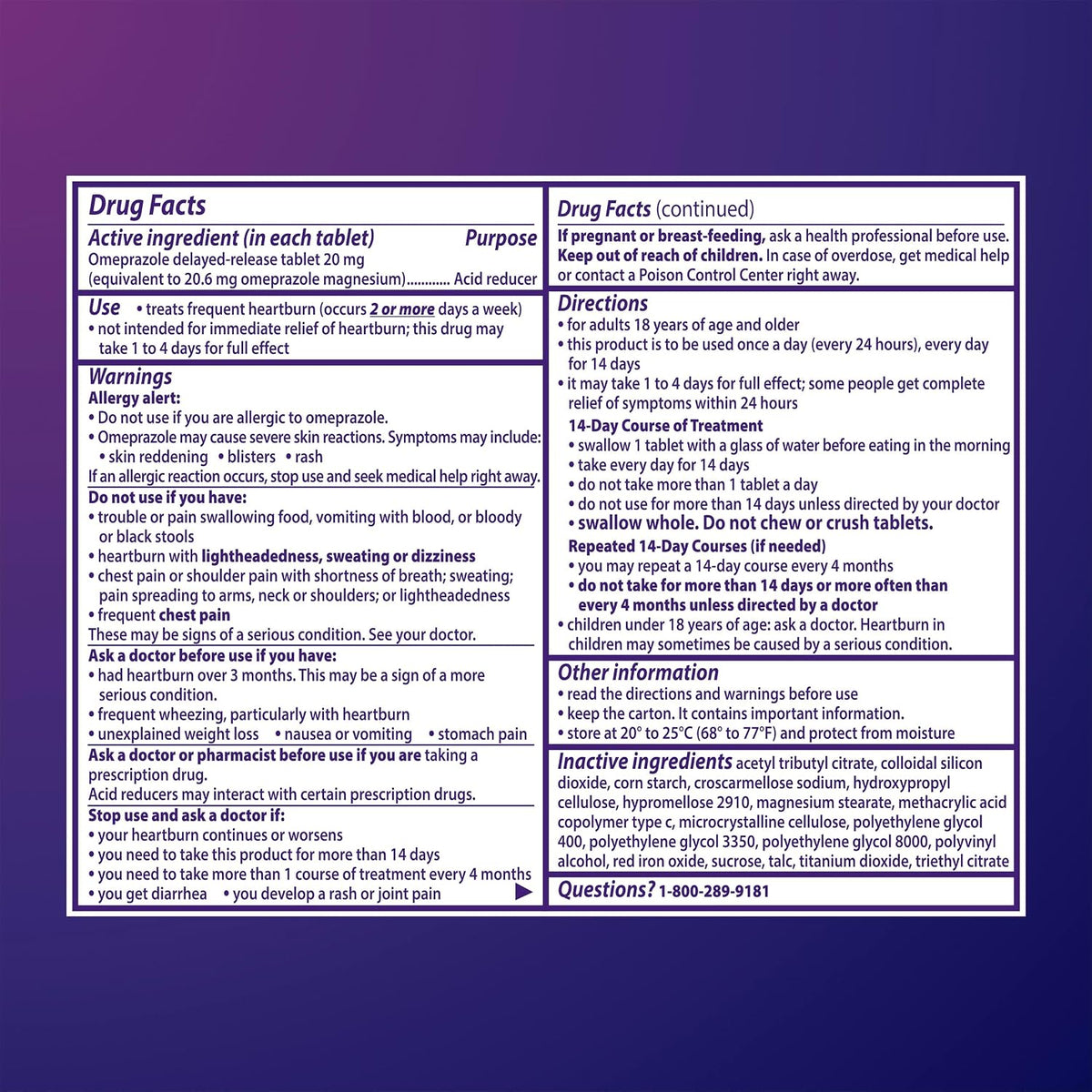 Prilosec OTC, Omeprazole Delayed Release 20mg, Acid Reducer, Treats Frequent Heartburn for 24 Hour Relief, All Day, All Night*, Heartburn Medicine