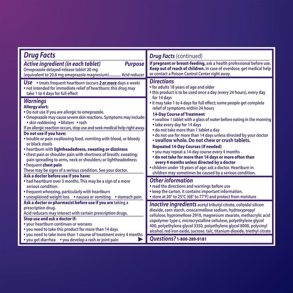 Prilosec OTC, Omeprazole Delayed Release 20mg, Acid Reducer, Treats Frequent Heartburn for 24 Hour Relief, All Day, All Night*, Heartburn Medicine