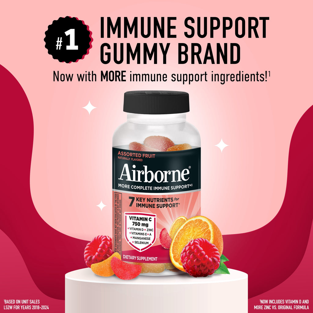 Airborne 750mg Vitamin C Immune Support Gummies, Multivitamin Supplement, Assorted Fruit Flavor, 21 ct