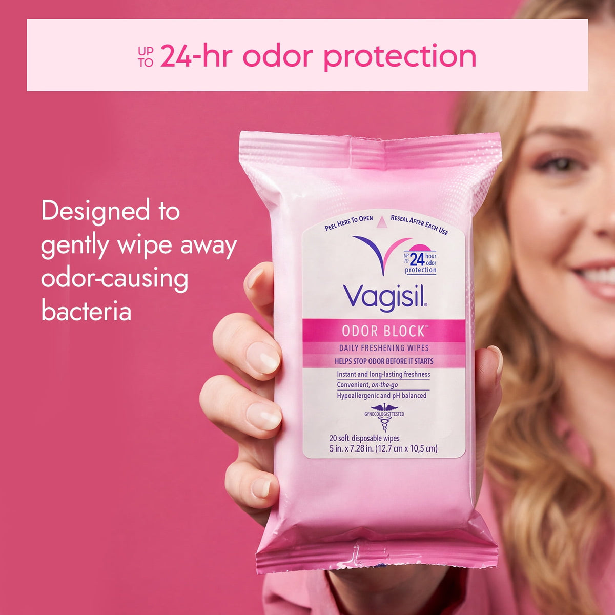 Vagisil Odor Block Daily Freshening Wipes for Feminine Hygiene in Resealable Pouch, Gynecologist Tested & Hypoallergenic, 20 Wipes