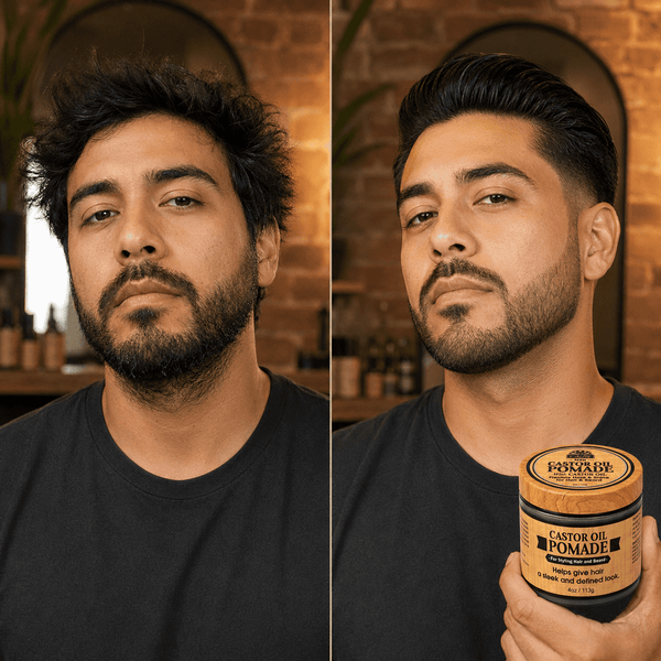 OKAY Men Castor Oil Beard & Hair Pomade, All-Day Hold Styling Pomade for Beard & Hair, Adds Shine & Definition, Silicone & Paraben Free, For All Hair