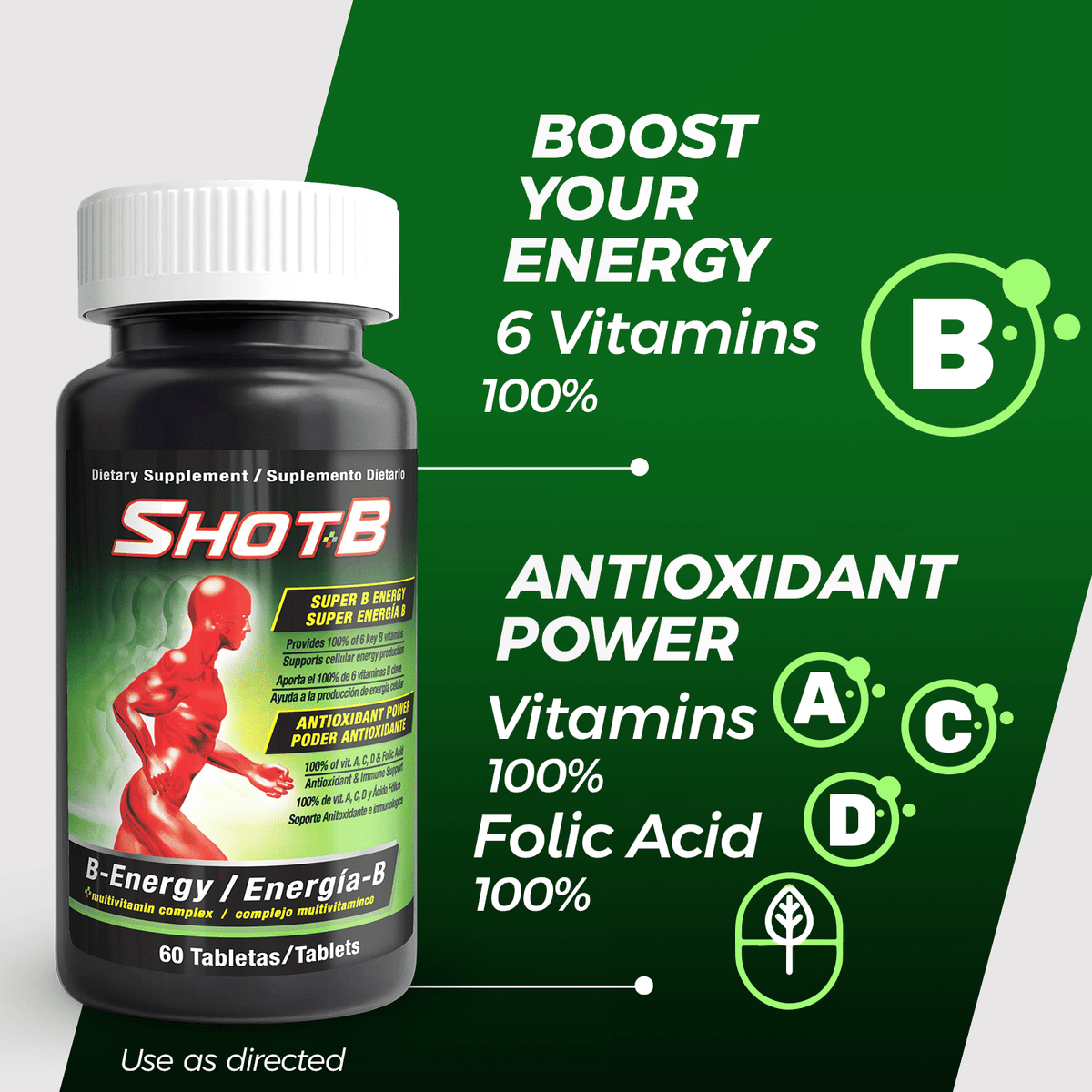 Shot B Multivitamin Complex with Antioxidants, B Vitamins A C D E, Folic Acid, Energy, Immunity, 60 Count