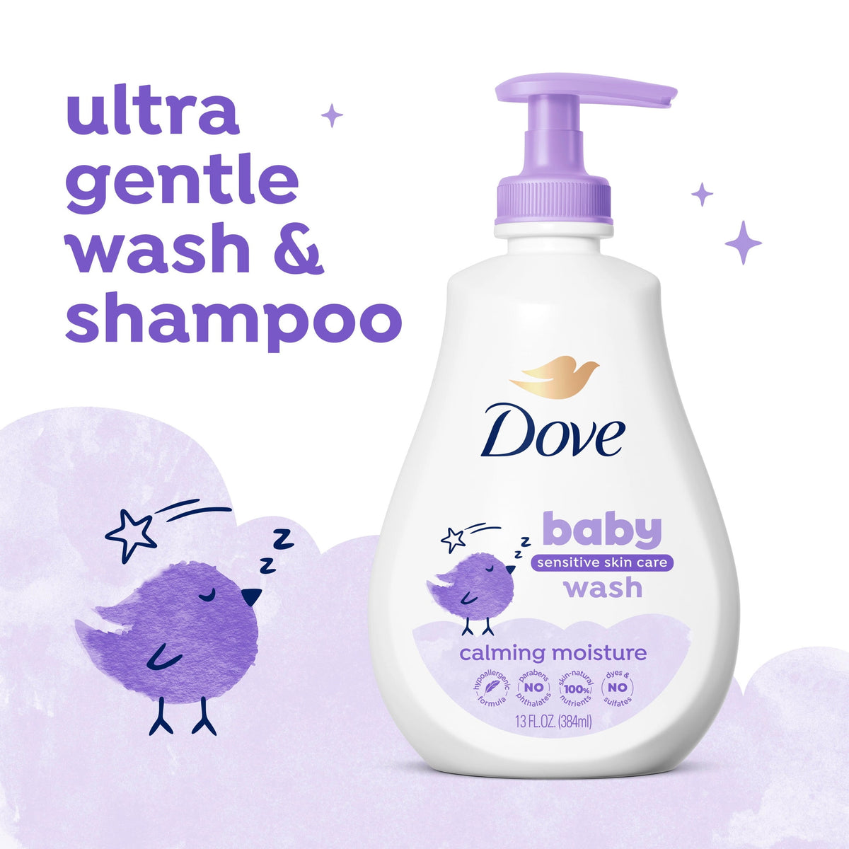 Baby Dove Sensitive Skin Care Baby Wash For a Calming Baby Bath Wash Calming Moisture Hypoallergenic And Tear-Free, Washes Away Bacteria, 13 fl oz