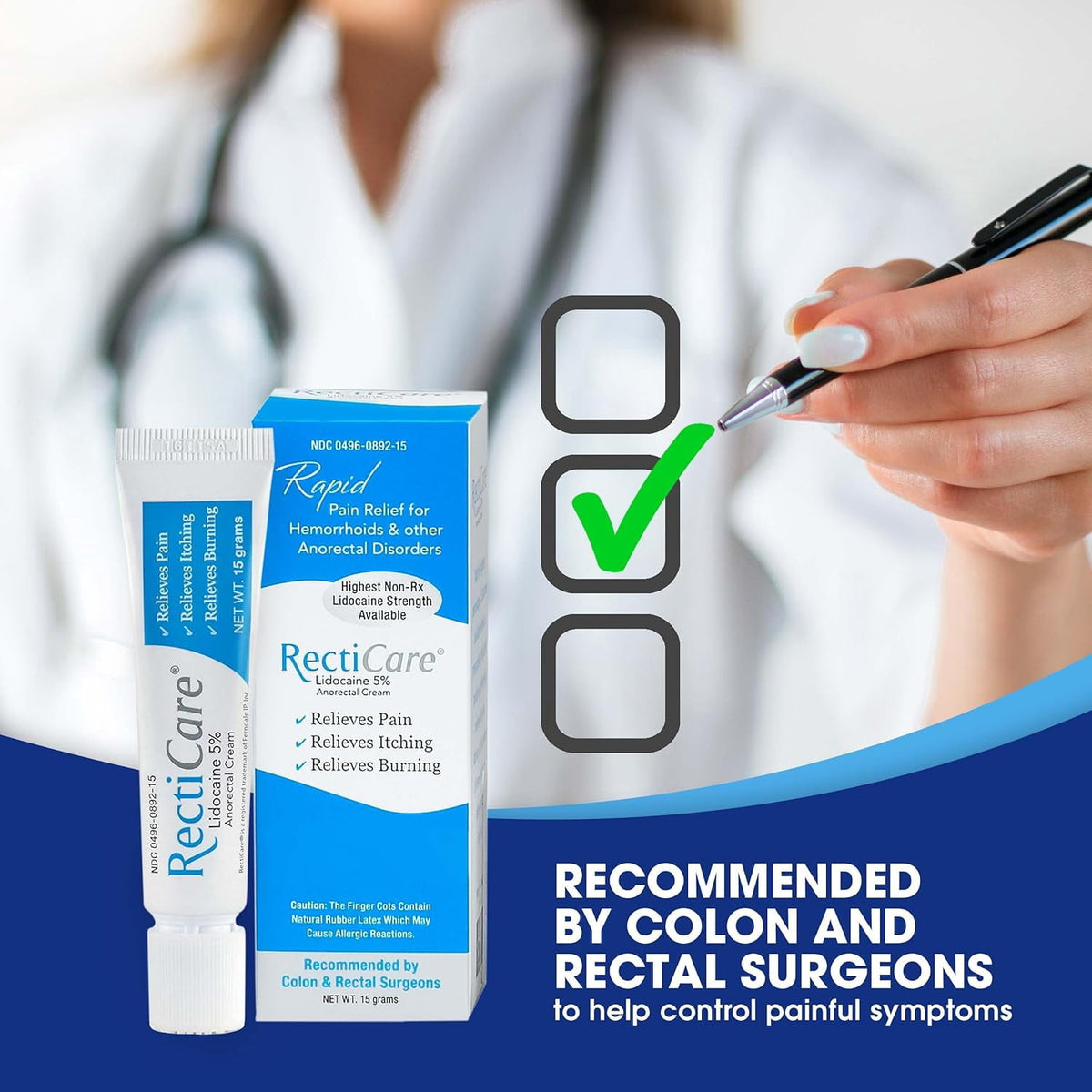RectiCare Anorectal Cream Lidocaine 5% Fast Pain Relief 15g