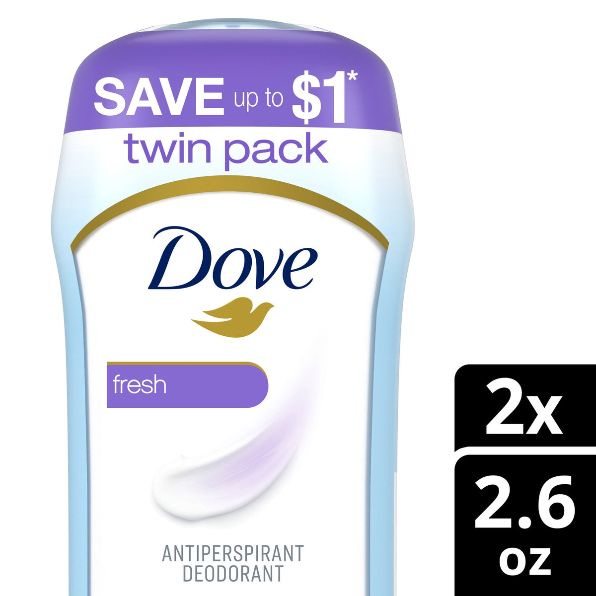Dove Invisible Solid Antiperspirant Deodorant Stick For Women, Fresh, For All Day Underarm Sweat & Odor Protection ,2.6 oz, 2 Pack