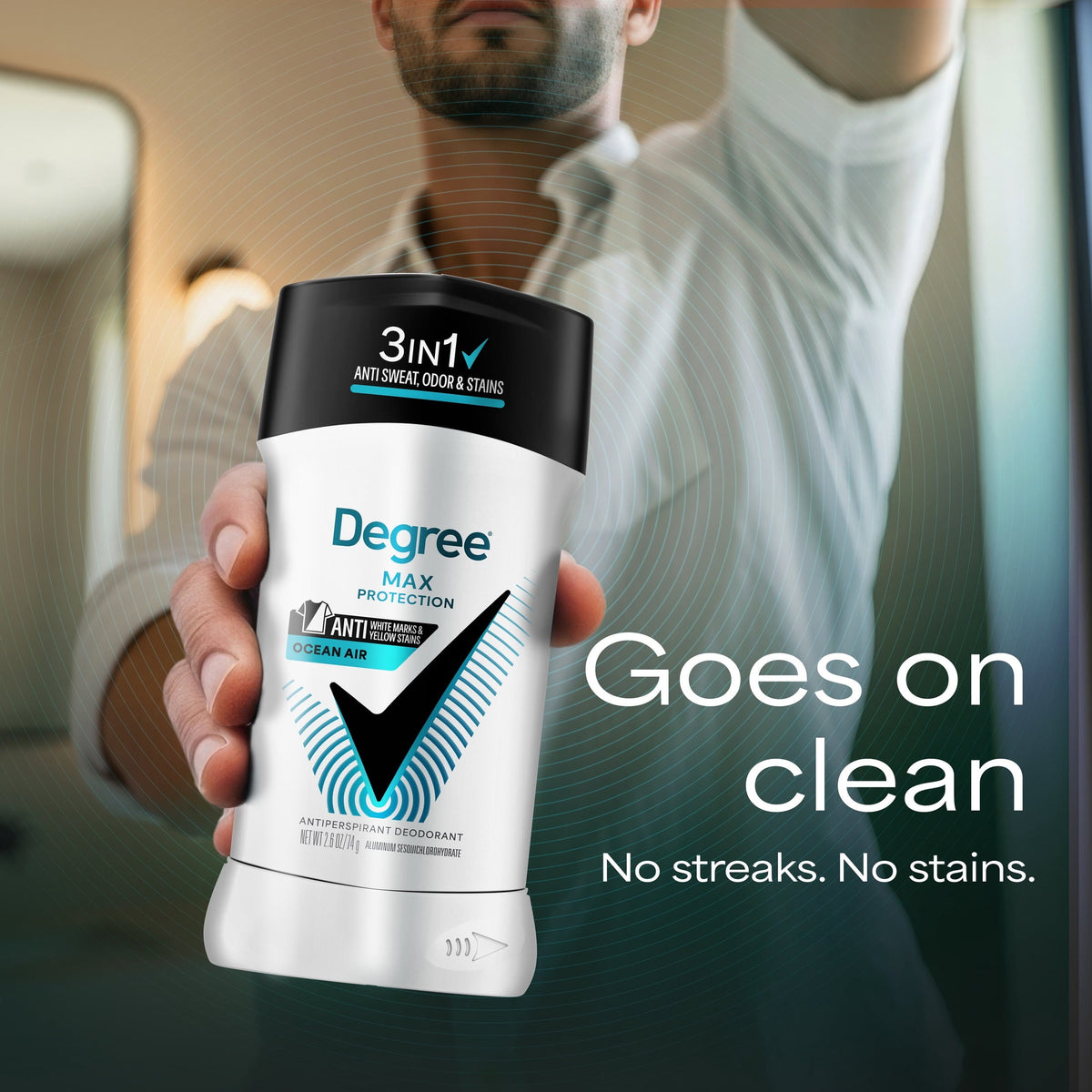 Degree Men 3in1 Max Protection Antiperspirant Deodorant Anti Sweat Odor and Stains Ocean Air 72-hour Protection, 2.6 oz