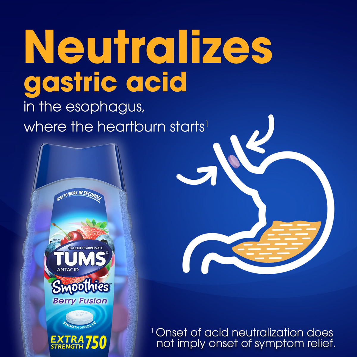 Tums Smoothies Extra Strength Heartburn Relief Chewable Antacid Tablets, Berry Fusion, 60 Ct​