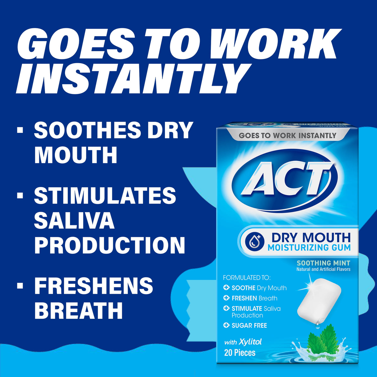 ACT Dry Mouth Moisturizing Gum With Xylitol, Soothing Mint, 20 ct.