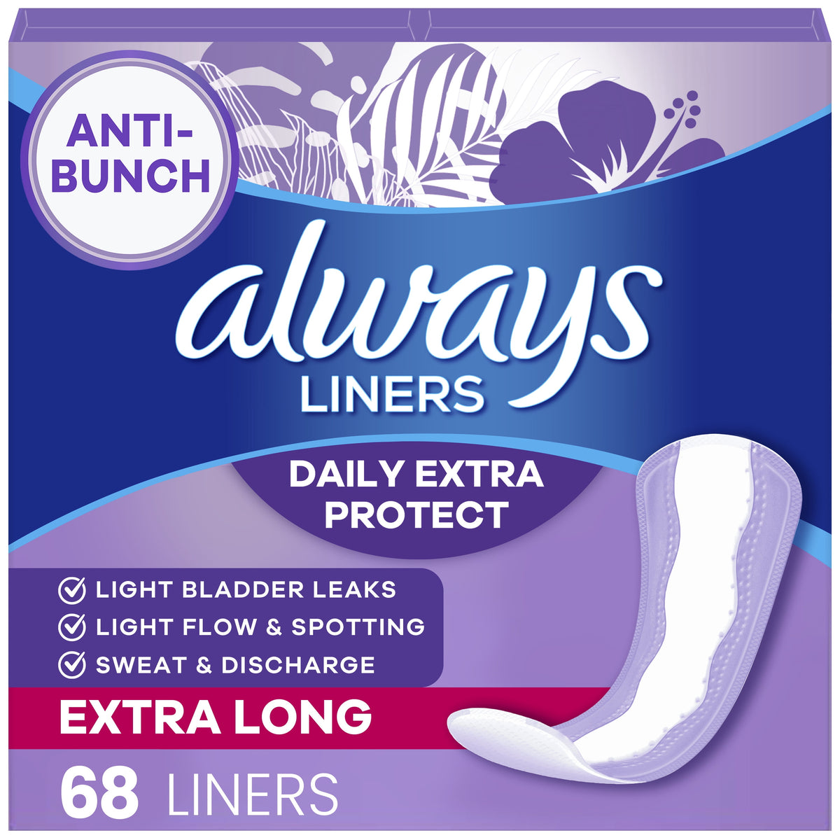 Always Anti-Bunch Xtra Protection Daily Liners Xtra Long Length, 68 Count