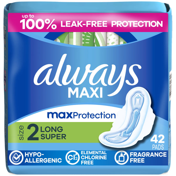 Always Maxi Pads with Wings, Size 2, Long Super Absorbency, 42 count