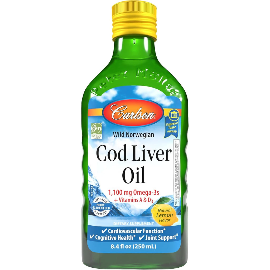 Carlson Cod Liver Oil, 1100 mg, Omega-3s, Lemon, 250 mL (8.4 Fl Oz)
