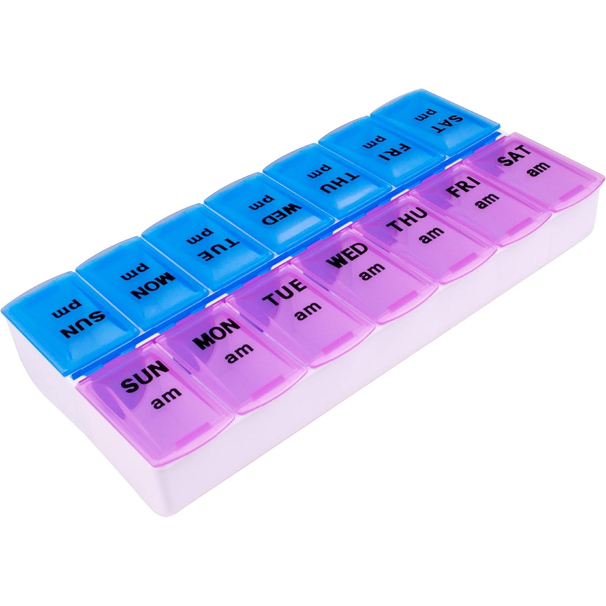 Apex Weekly AM/PM Medication Dispenser, 7-Day Twice-A-Day Pill Organizer with Easy-Open Lids (Color May Vary)