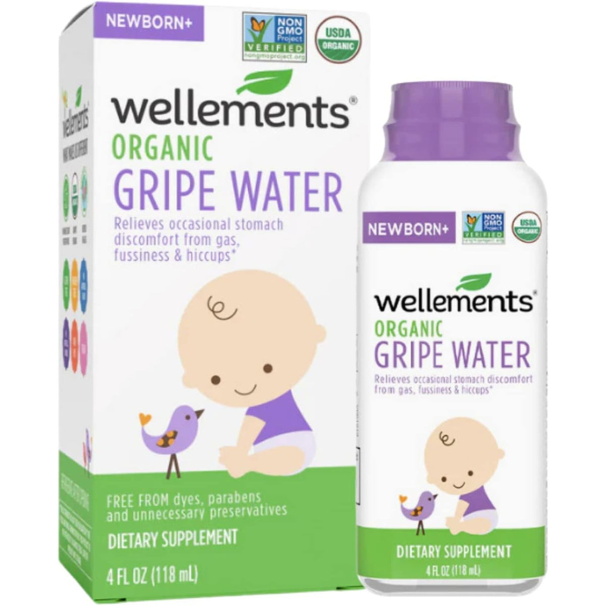 Wellements Organic Gripe Water Gas Colic Hiccup Relief 4 Fl Oz Newborn+
