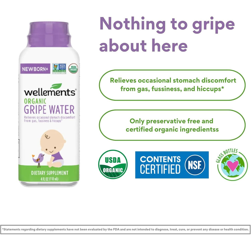 Wellements Organic Gripe Water Gas Colic Hiccup Relief 4 Fl Oz Newborn+