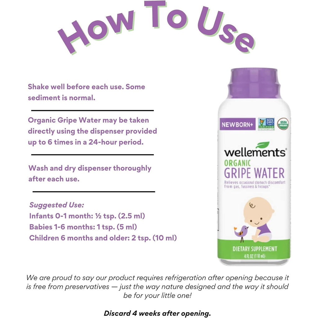 Wellements Organic Gripe Water Gas Colic Hiccup Relief 4 Fl Oz Newborn+