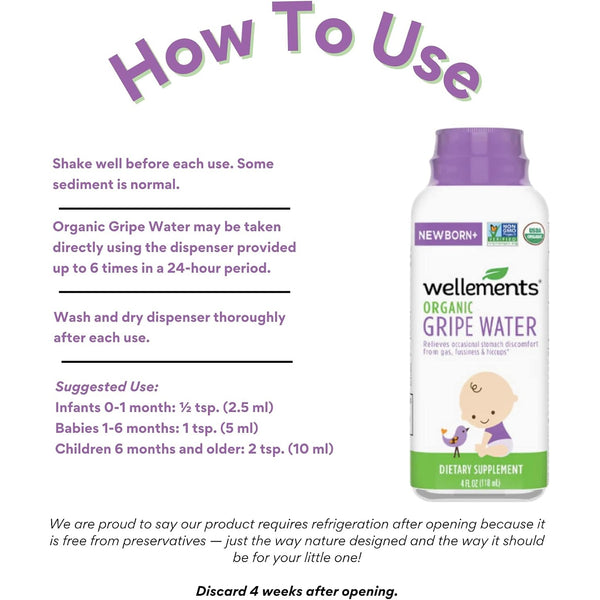 Wellements Organic Gripe Water Gas Colic Hiccup Relief 4 Fl Oz Newborn+