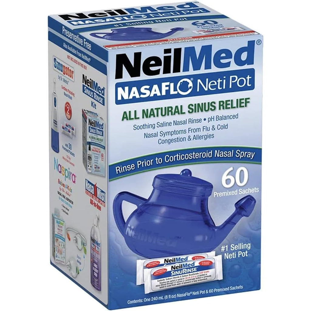 NeilMed NasaFlo Neti Pot with 60 Premixed Sinus Rinse Packets for Sinus & Nasal Irrigation