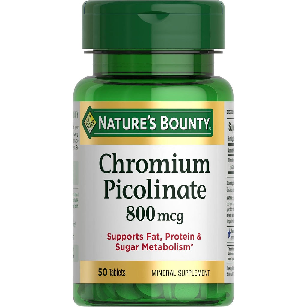 Nature's Bounty Chromium Picolinate, Supports Fat, Protein & Sugar Metabolism, Mineral Supplement, 800 mcg, 50 Tablets