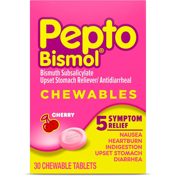 Pepto Bismol Cherry Chewable Tablets, Upset Stomach Relief, Nausea Relief, Heartburn Relief, Indigestion Relief, Anti Diarrhea Medication for Adults