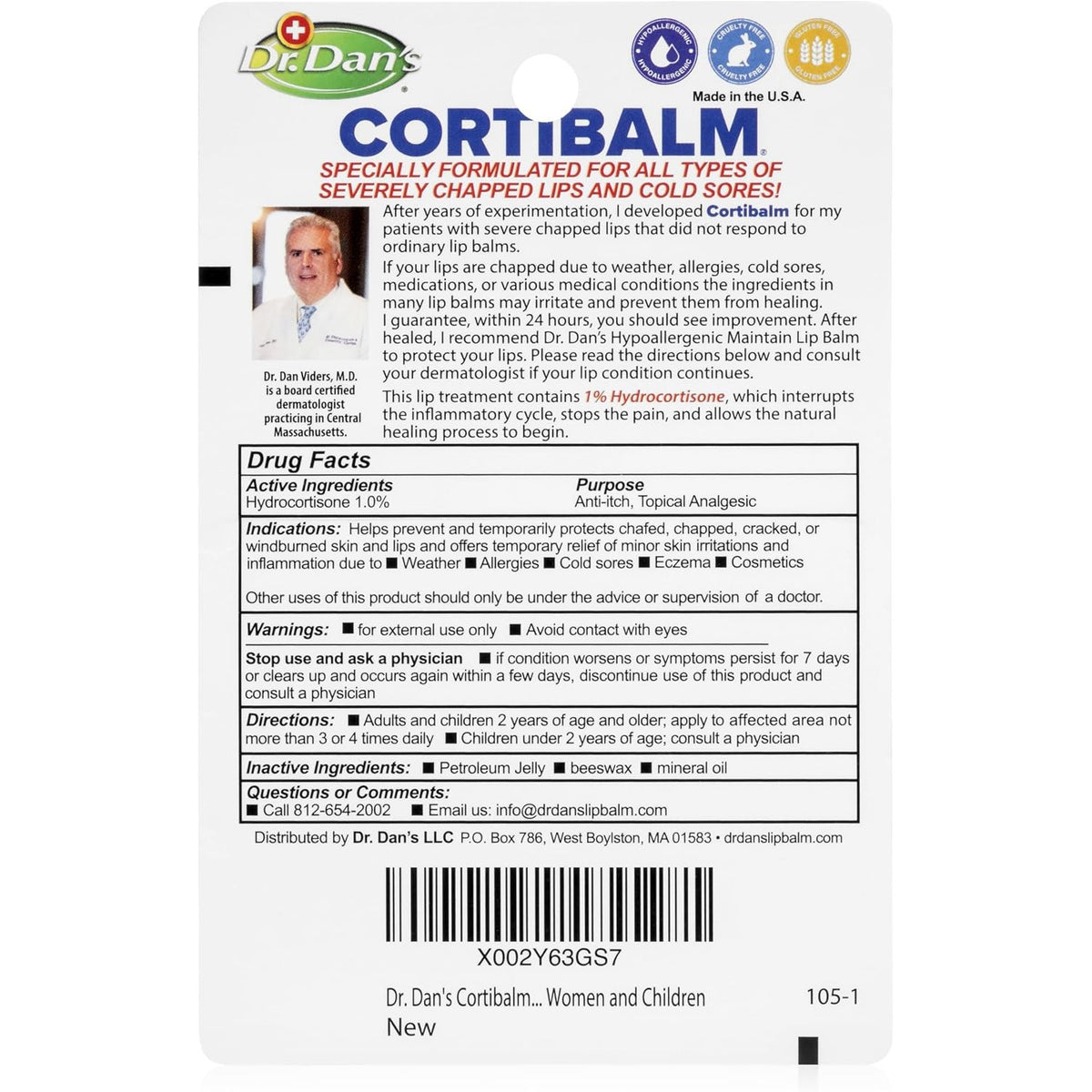 Dr. Dan's Cortibalm 1-Pack Lip Balm with 1% Hydrocortisone for Cracked Lips