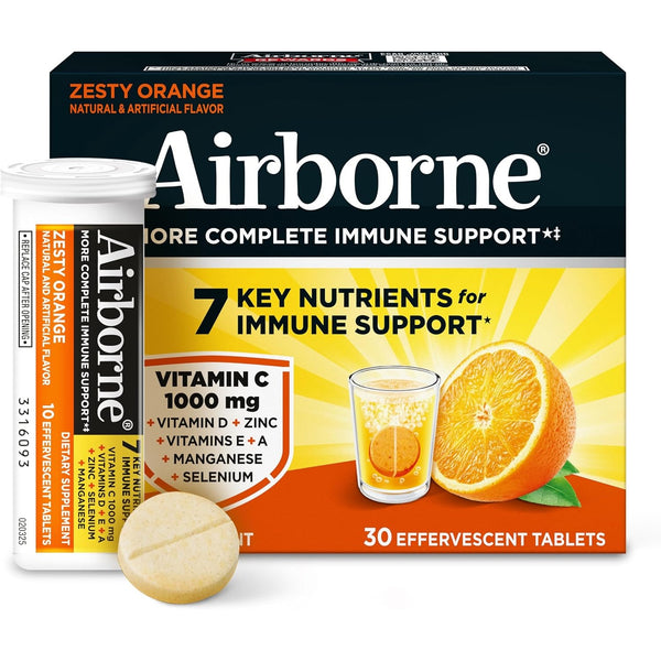 Airborne Immune Support Effervescent Tablets, Zesty Orange Flavor - 30ct with 1000mg Vitamin C + Vitamins A, D, E, Zinc, Selenium, Manganese & Herbal