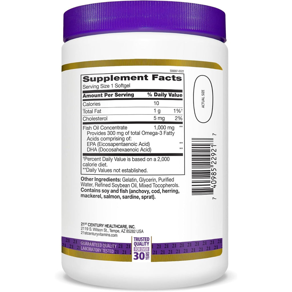 21st Century Fish Oil 1000mg Omega-3 Softgels, Value Size, 300 Count