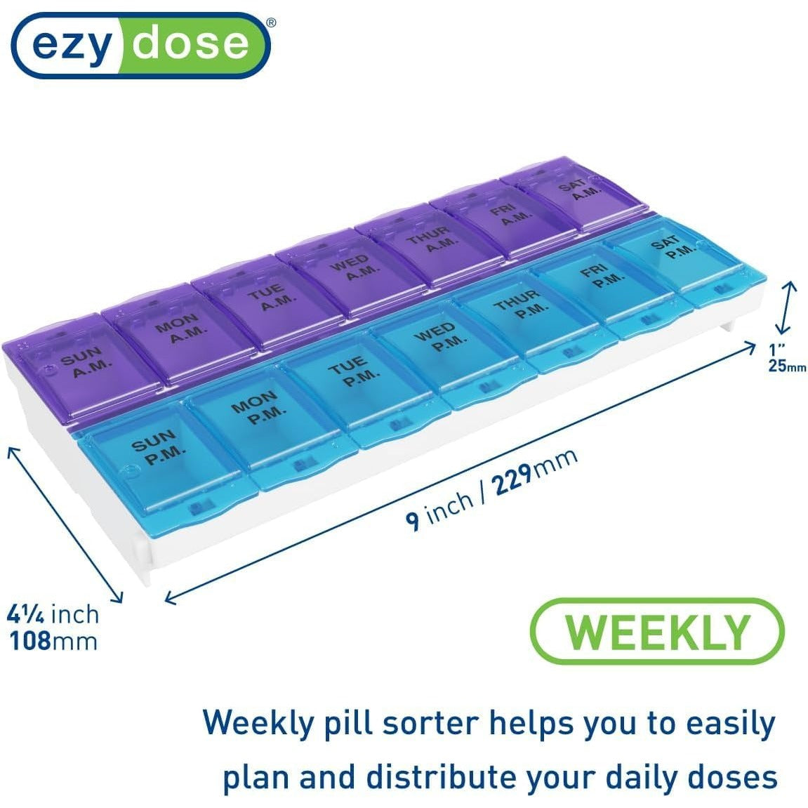 Ezy Dose Weekly (7-Day) AM/PM Pill Organizer, 2XL Planner, Color May Vary