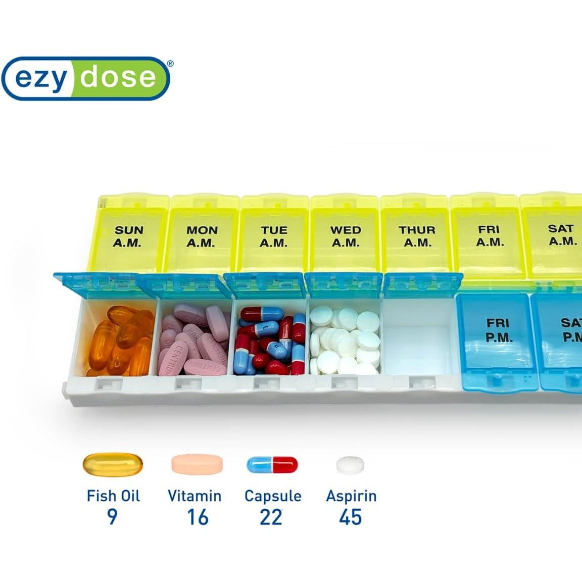 Ezy Dose Weekly (7-Day) AM/PM Pill Organizer, 2XL Planner, Color May Vary