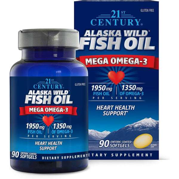 21st Century Alaska Wild Fish Oil Softgels, Mega Omega-3, Enteric Coated, 90 Count