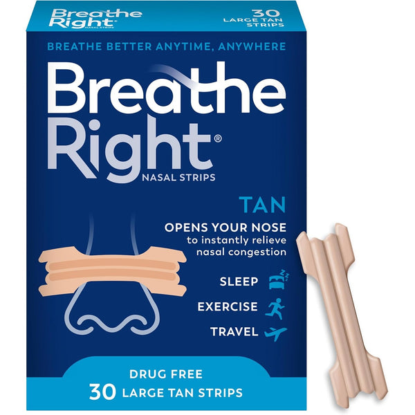 Breathe Right Nasal Strips, Large, Relieves Nasal Congestion, Tan, 30 ct