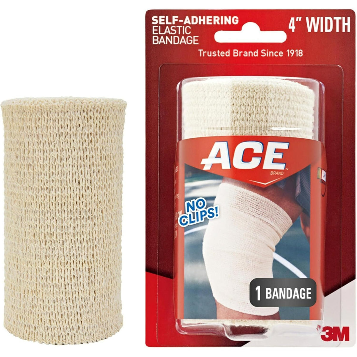 ACE 4 Inch Self-Adhering Elastic Bandage, No Clips, Beige, Great For Leg, Shoulder And More, 1 Count