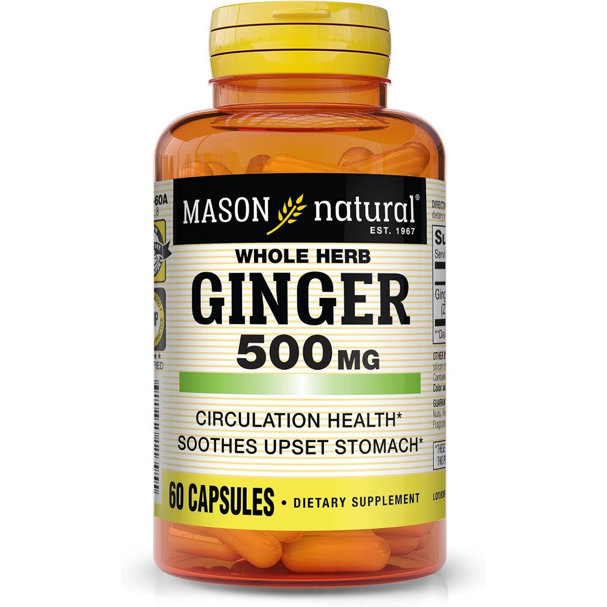 MASON NATURAL Whole Herb Ginger 500 mg, 2 Month Supply, Natural Herbal Supplement, 60 Capsules