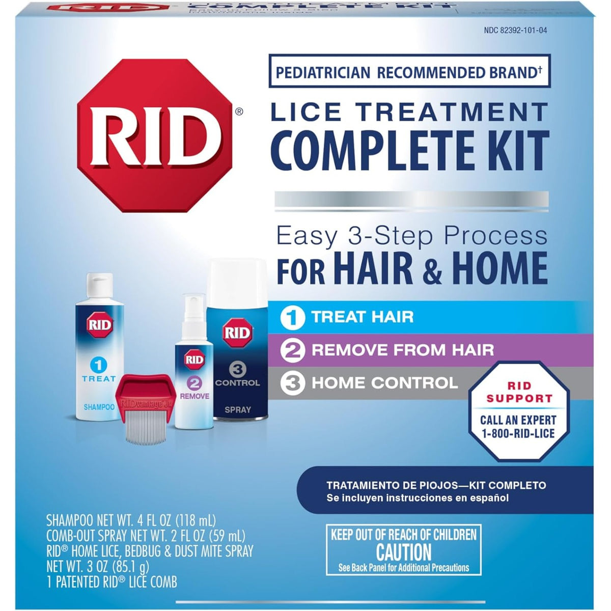 RID Lice Treatment Complete Kit Includes Shampoo, 2 Fluid Ounces, Egg Comb Out & 3 Ounces Dust Mite Spray, Lice Comb, 4 Piece Set, 1 Count