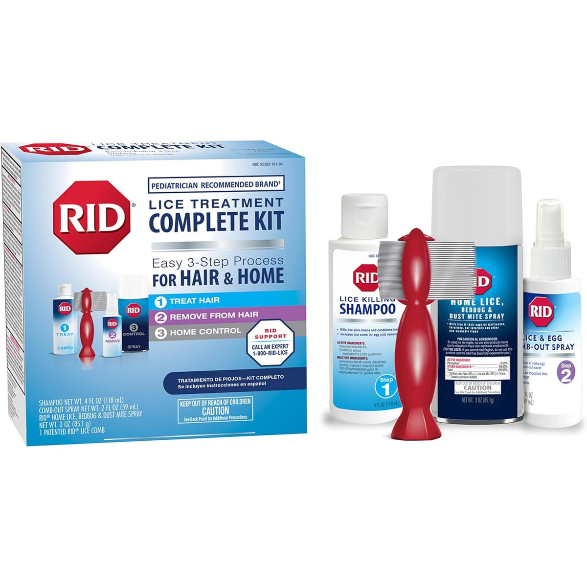 RID Lice Treatment Complete Kit Includes Shampoo, 2 Fluid Ounces, Egg Comb Out & 3 Ounces Dust Mite Spray, Lice Comb, 4 Piece Set, 1 Count
