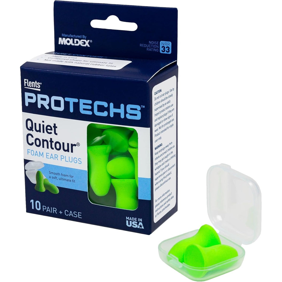 Flents Protechs Quiet Contour Foam Ear Plugs, NRR 33, 10 Pair, Green