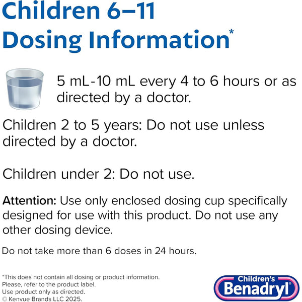 Children's Benadryl Liquid Medicine, 12.5 mg Diphenhydramine HCl, 4 fl. oz