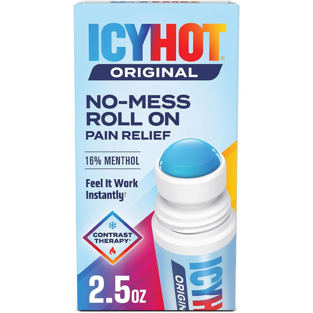 Icy Hot Original Pain Relief No-Mess Roll-On Applicator, Fast-Acting Pain Relief with Max Strength Menthol 16%, Contrast Therapy for Backaches