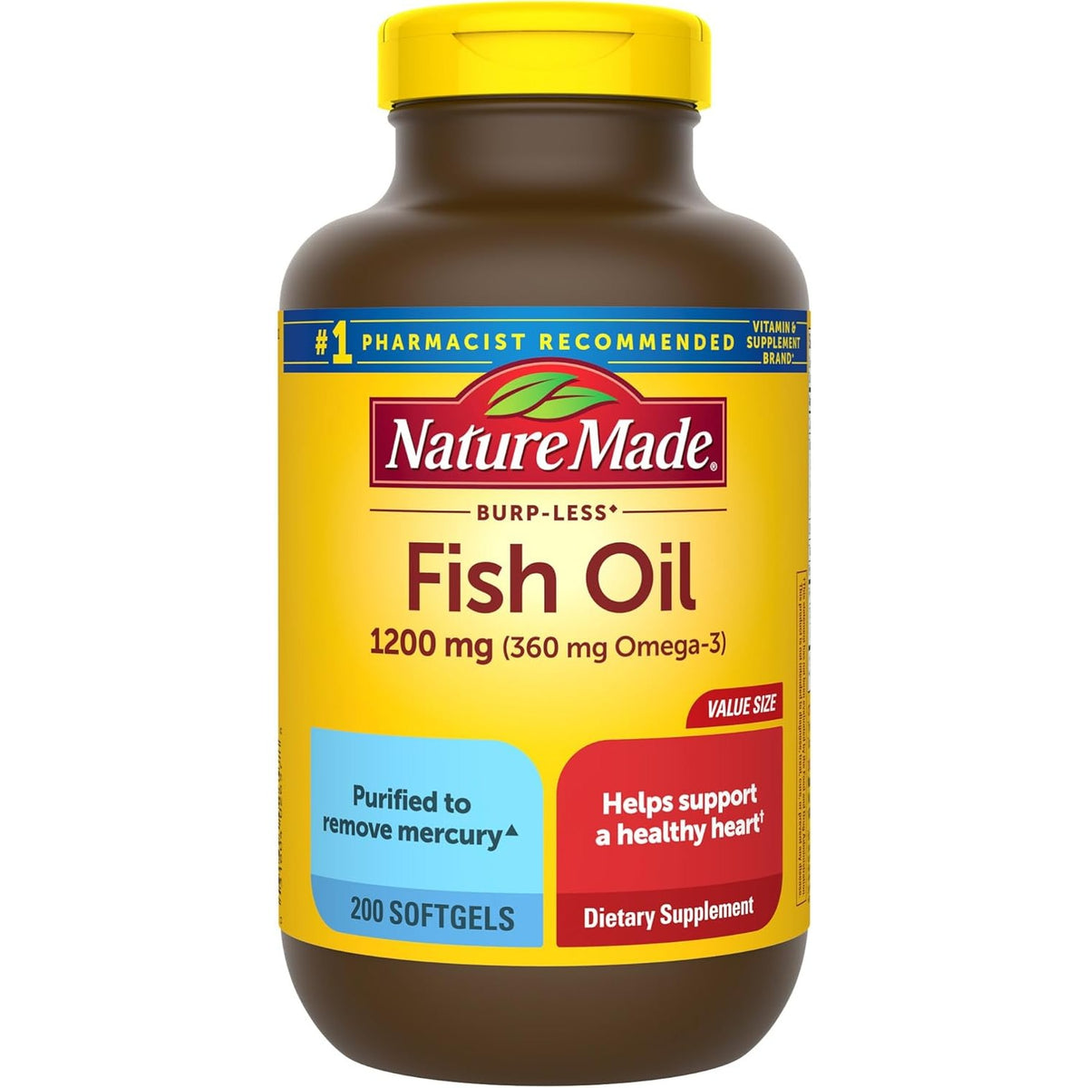 Nature Made Burp Less Fish Oil Omega 3, 1200 mg Softgels, 200 Softgels