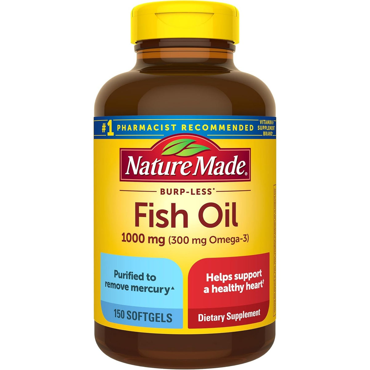 Nature Made Burp Less Fish Oil Omega 3, 1000mg Softgels, 150 Softgels